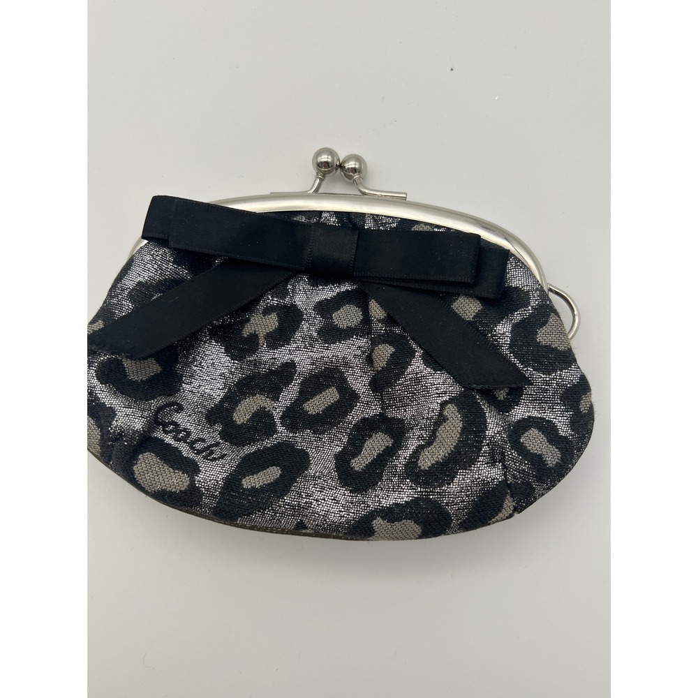 COACH Coin Purse OS Black Silver EUC Y2K Ocelot Leopard Metallic Bow Kiss Lock - Picture 2 of 8